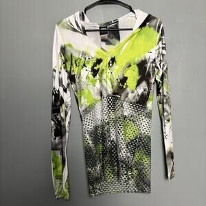 Vintage 90s Funky Diva Women’s Tech Hoody Mesh Eyelet Crop Shirt Top Green Small